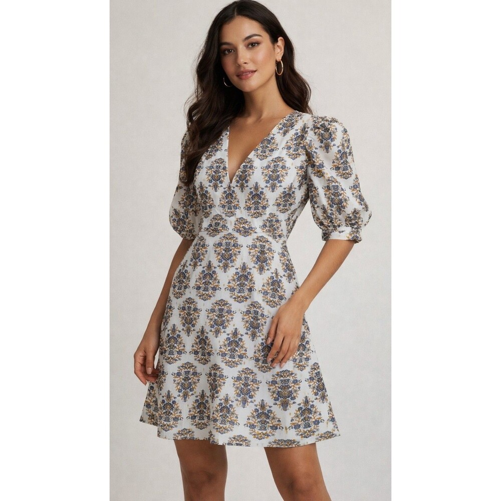 Express Floral Puff Sleeve Dress – Size M – Blue & Gold Print